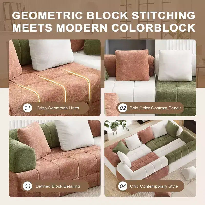 Canapé modulable 4 places en chenille avec accoudoirs incurvés, color block, largeur 279,98 cm