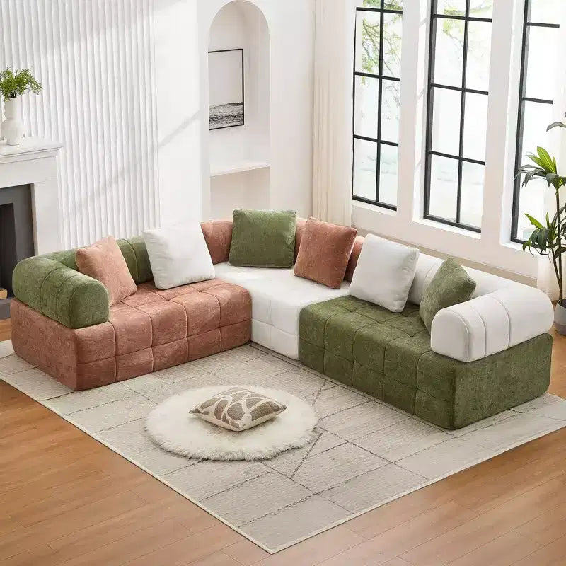 Canapé modulable 4 places en chenille avec accoudoirs incurvés, color block, largeur 279,98 cm