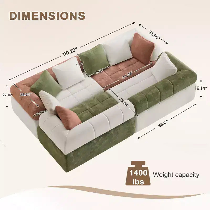 Canapé modulable 4 places en chenille avec accoudoirs incurvés, color block, largeur 279,98 cm