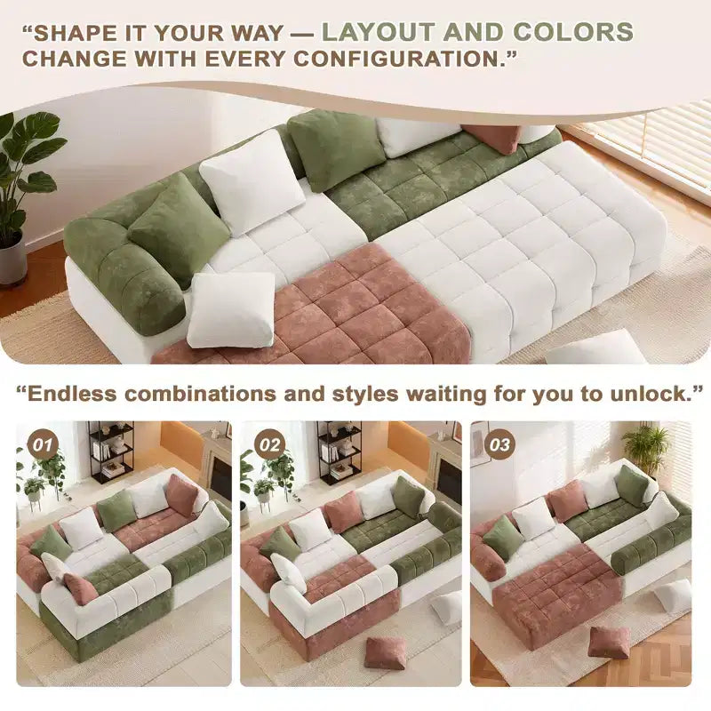 Canapé modulable 4 places en chenille avec accoudoirs incurvés, color block, largeur 279,98 cm