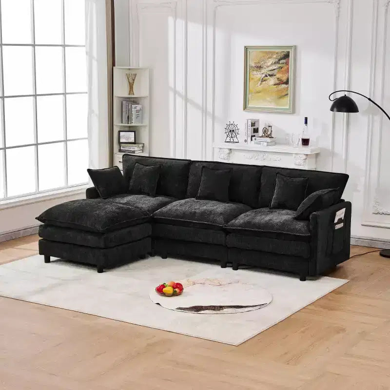 102 Canapé Sectionnel Moderne avec Ottoman, Coussins Double Couche, Canapé Nuage en Tissu Doux pour Salons, Appartements ou Lounges-Panipeachy