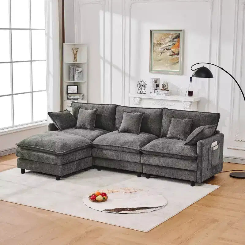 102 Canapé Sectionnel Moderne avec Ottoman, Coussins Double Couche, Canapé Nuage en Tissu Doux pour Salons, Appartements ou Lounges-Panipeachy