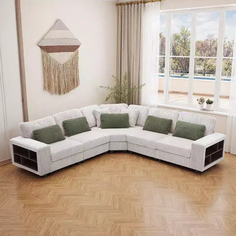 142 Canapé Sectionnel Modulable en Forme de L avec Accoudoir de Rangement et Coussins Décoratifs, Canapé Sectionnel en Velours Côtelé pour Salon-Panipeachy