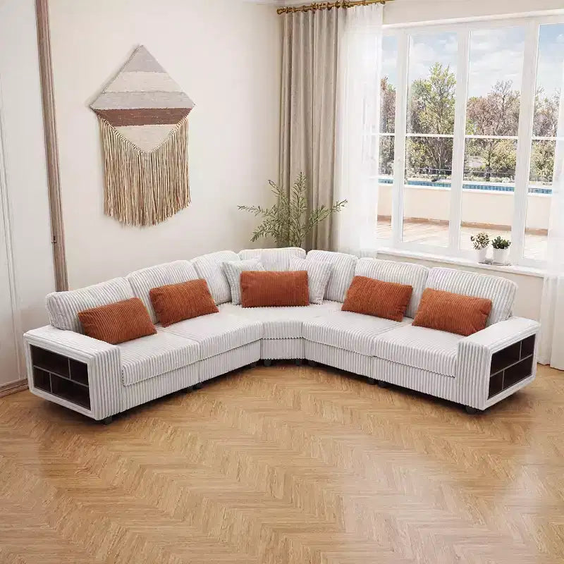 142 Canapé Sectionnel Modulable en Forme de L avec Accoudoir de Rangement et Coussins Décoratifs, Canapé Sectionnel en Velours Côtelé pour Salon-Panipeachy