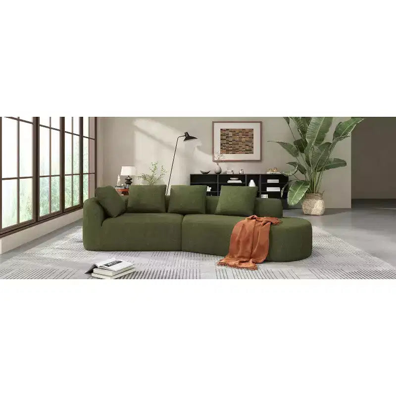 Canapé d'angle moderne incurvé de 295 cm avec méridienne, revêtement en velours nacré, pour salon