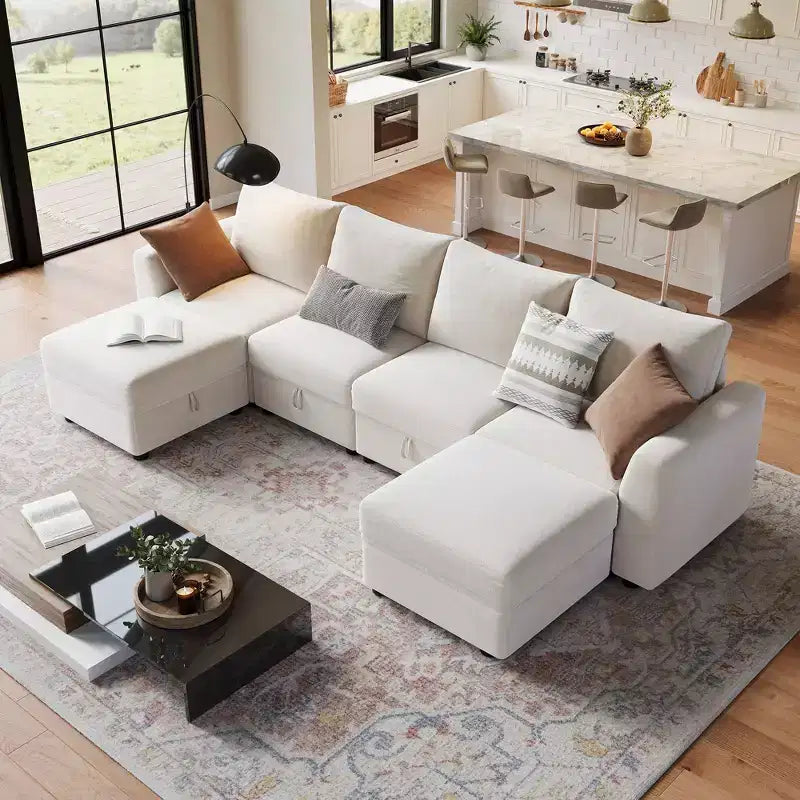Canapé modulable 108-163 en L/U, 4 à 9 places, modèle Cloud, avec rangement sous toutes les assises, méridienne réversible, convertible en chenille