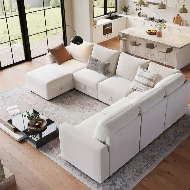 Canapé modulable 108-163 en L/U, 4 à 9 places, modèle Cloud, avec rangement sous toutes les assises, méridienne réversible, convertible en chenille