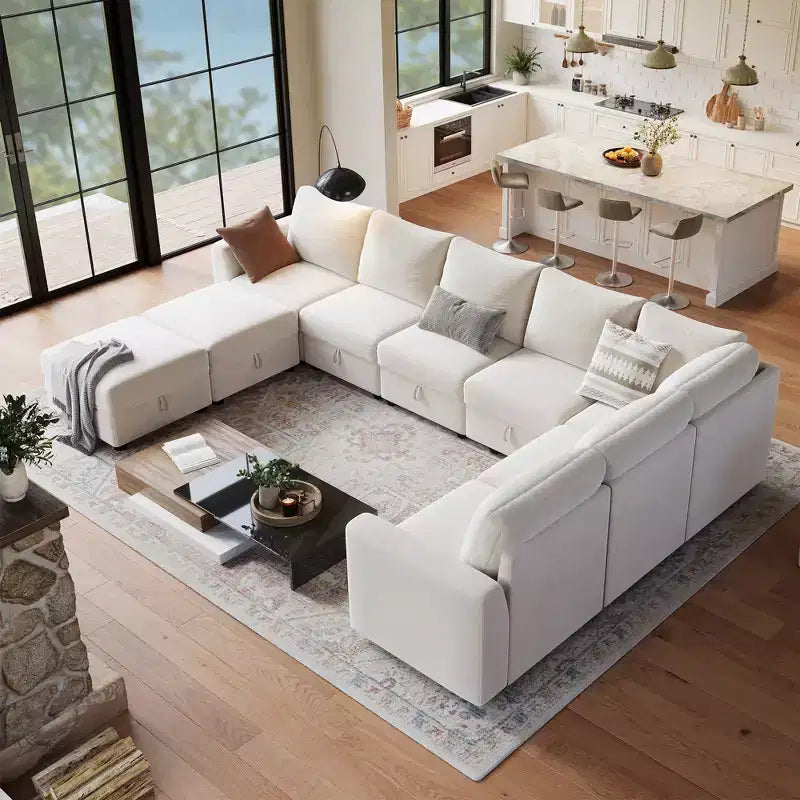 Canapé modulable 108-163 en L/U, 4 à 9 places, modèle Cloud, avec rangement sous toutes les assises, méridienne réversible, convertible en chenille