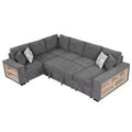 109 U-shaped Sectional Sofa Pull-out Sofa Bed with Two USB Ports, Storage Chaise Lounge and 4 Back Pillows