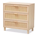 Baxton Studio Sebille Wood with Natural Rattan 3 Drawer Storage Chest Light Brown : Bohemian Style, Particle Board Frame