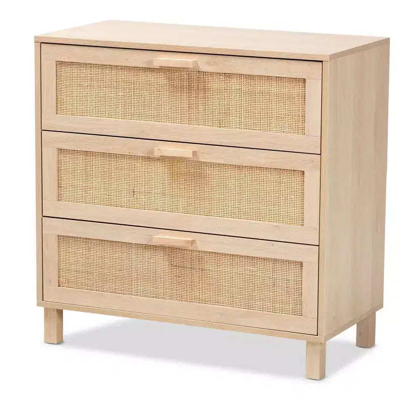Baxton Studio Sebille Wood with Natural Rattan 3 Drawer Storage Chest Light Brown : Bohemian Style, Particle Board Frame
