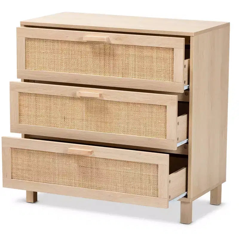 Commode de rangement en bois et rotin naturel à 3 tiroirs – Marron clair