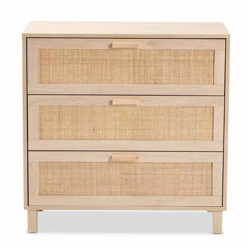 Commode de rangement en bois et rotin naturel à 3 tiroirs – Marron clair