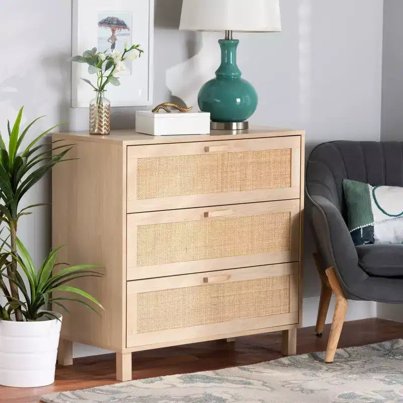 Commode de rangement en bois et rotin naturel à 3 tiroirs – Marron clair