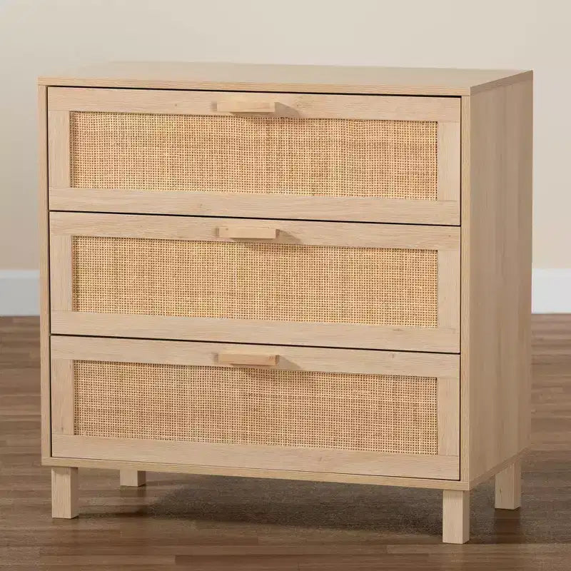 Commode de rangement en bois et rotin naturel à 3 tiroirs – Marron clair